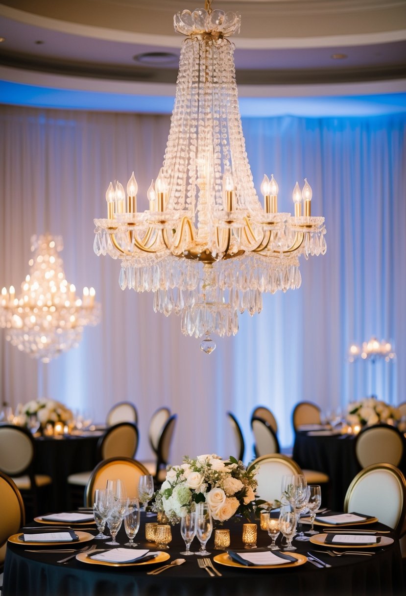 A crystal chandelier hangs above a black and gold wedding table adorned with elegant decorations