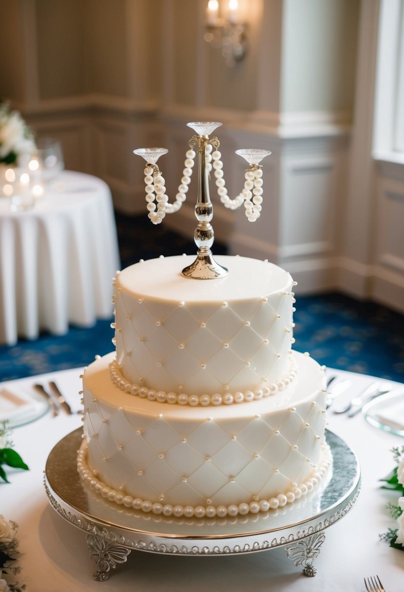 An elegant pearl cake stand adorned with delicate pearls, set on a beautifully decorated wedding table