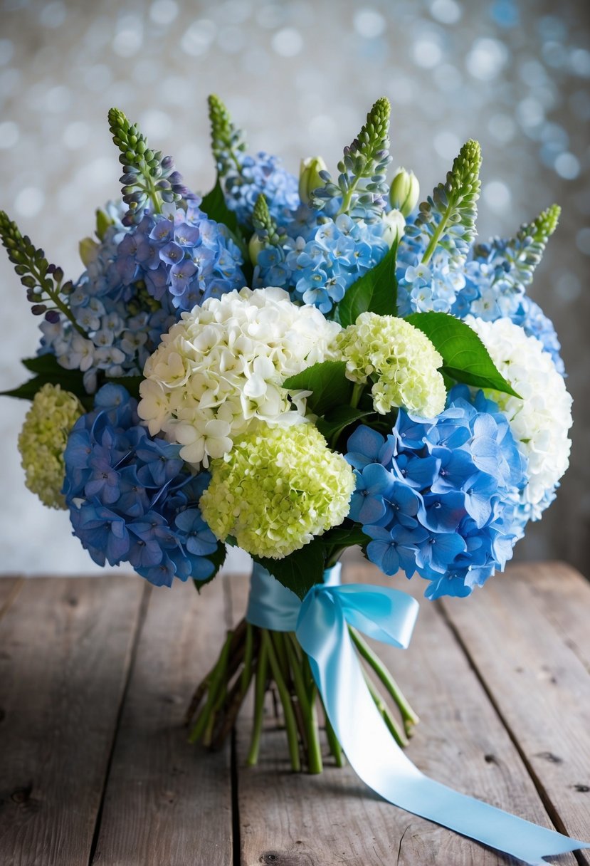 A lush bouquet of hydrangeas and delphiniums in shades of blue and white, tied with a satin ribbon, sits on a rustic wooden table