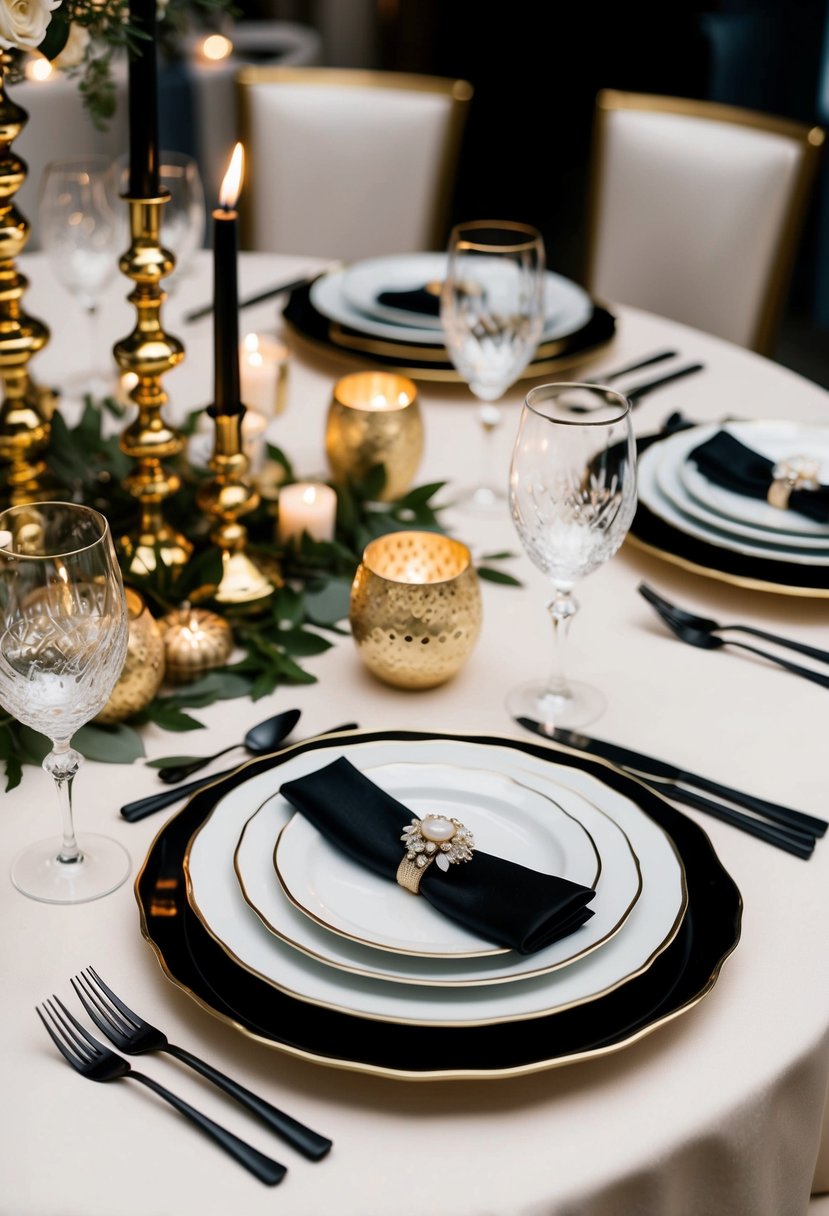 A luxurious table setting with black and gold flatware, elegant plates, and opulent decor for a glamorous wedding reception