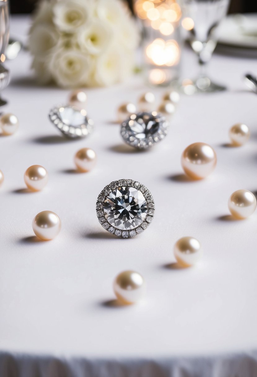 Shimmering diamond and pearl accents scattered on a white wedding table