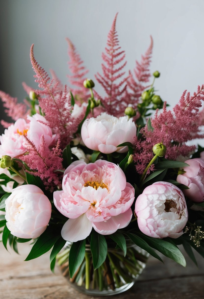 A lush bouquet of pink peonies and delicate astilbe arranged in a romantic and elegant manner