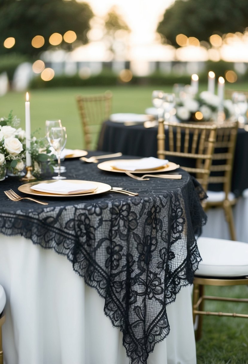 A black lace table overlay adorned with gold accents, set on a wedding reception table