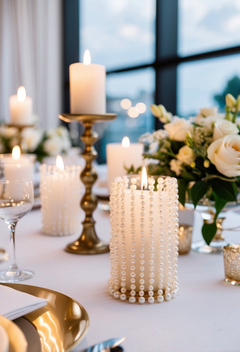 A table set with elegant pearl string candle holders, creating a romantic and luxurious atmosphere for a wedding celebration