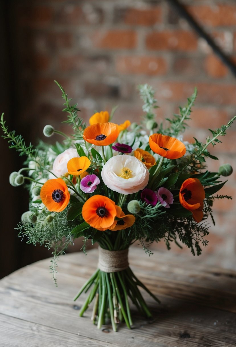 A vibrant bouquet of ranunculus and poppies, with delicate greenery, arranged in a rustic, romantic style