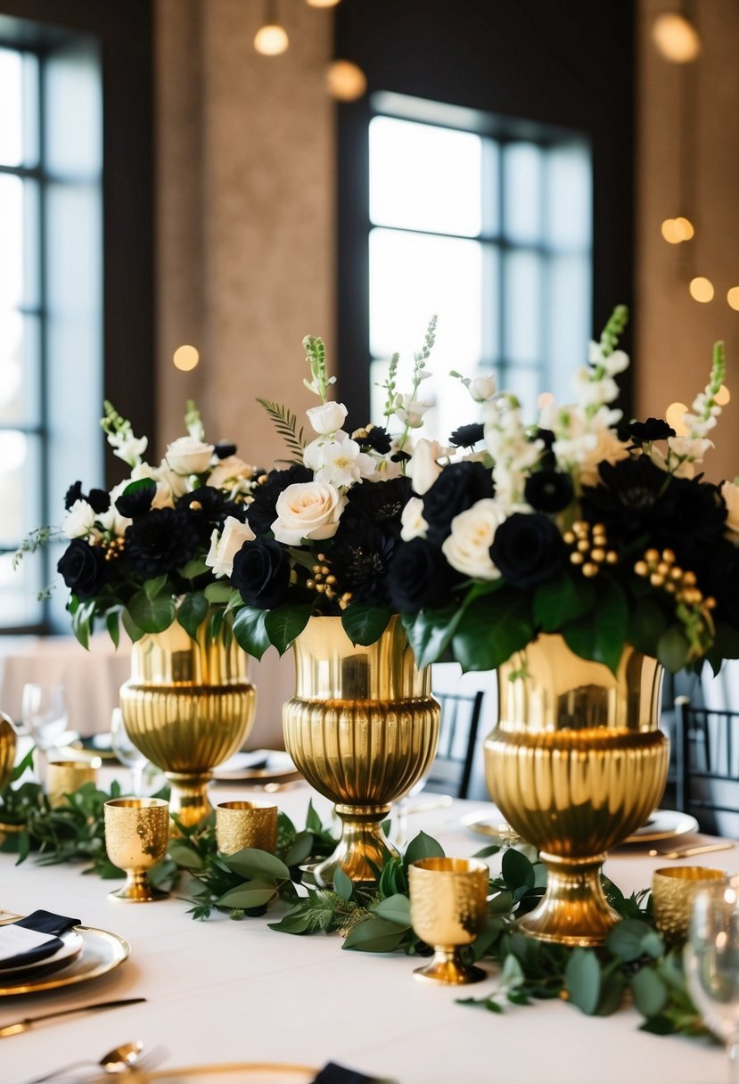 A table adorned with vintage gold vases filled with lush black and gold wedding decorations