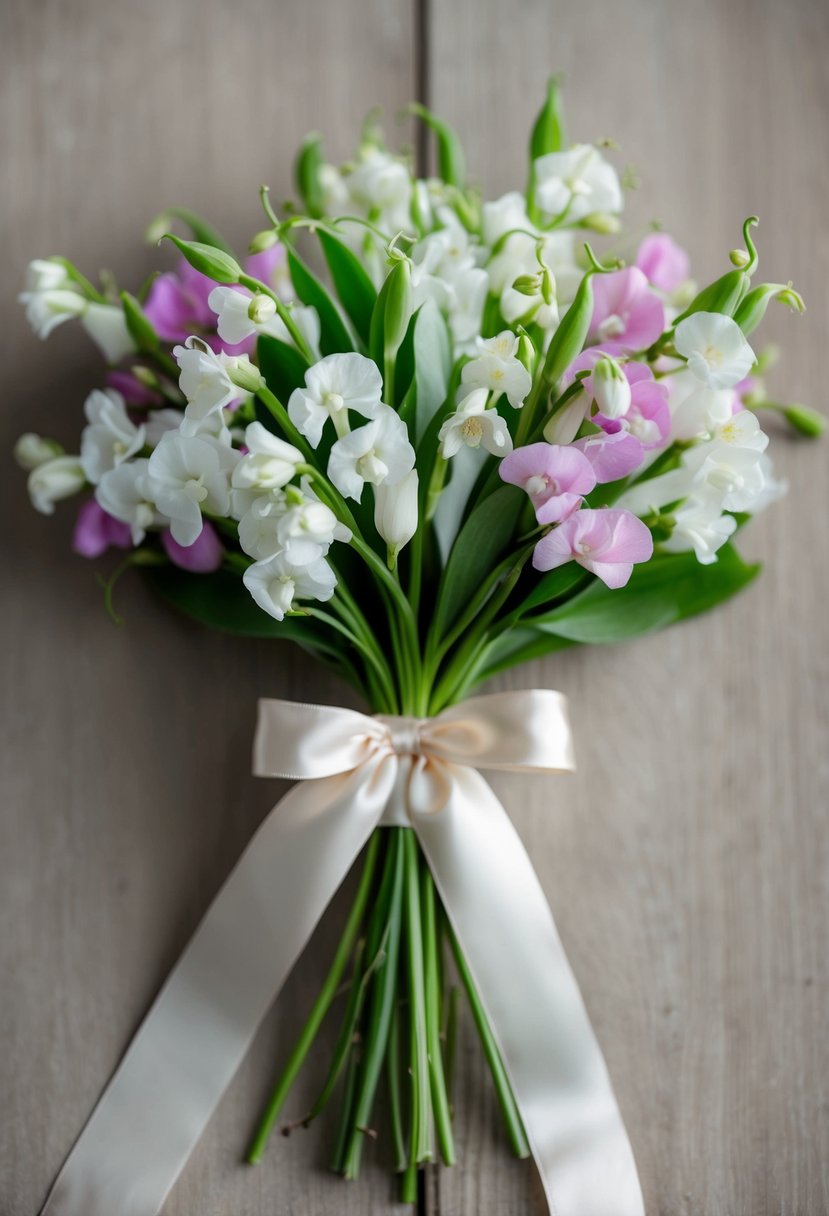 A delicate bouquet of sweet peas and lisianthus in shades of white and pink, tied with a satin ribbon