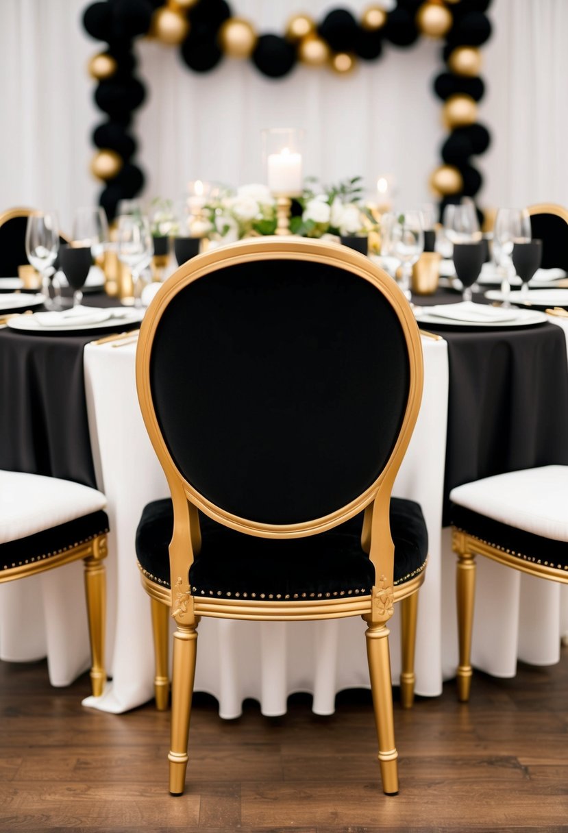 A black velvet chair with gold accents sits at a wedding table adorned with black and gold decorations