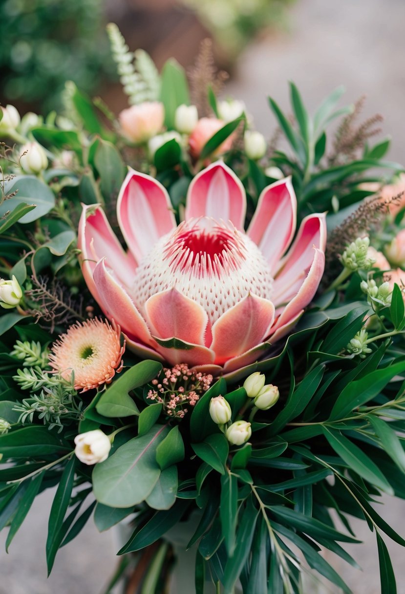 A vibrant bouquet of Blushing Bride Protea, surrounded by lush greenery and delicate filler flowers, evoking a sense of romance and elegance