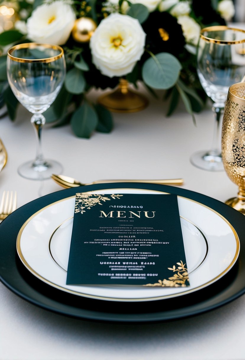 A table set with elegant black and gold wedding menu cards, featuring personalized details and gold foil accents