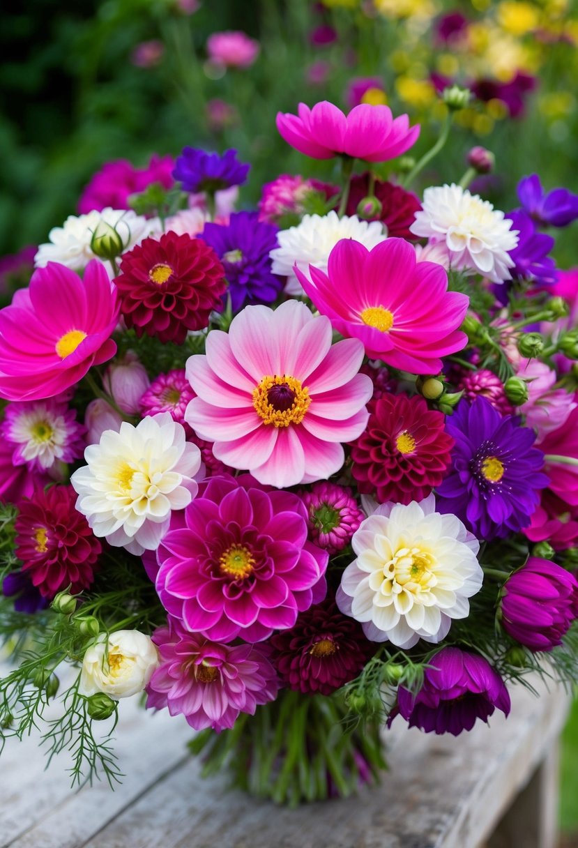 A vibrant bouquet of cosmos and dahlias in shades of pink, purple, and white, arranged in a lush and romantic style