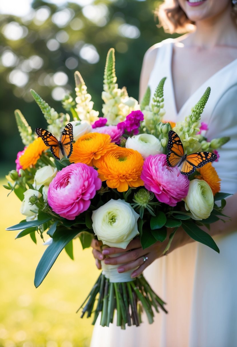 A vibrant bouquet of Butterfly Ranunculus and Lisianthus, perfect for a July wedding