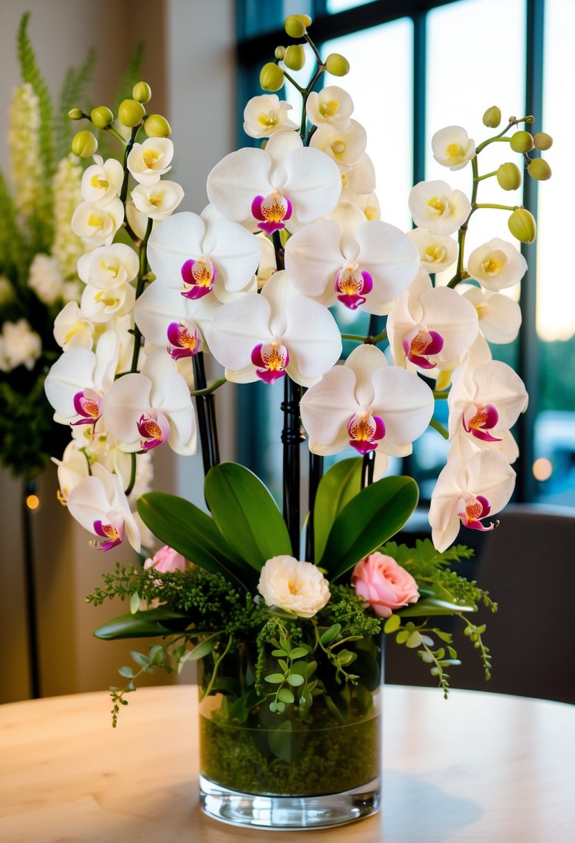 A lush bouquet of white and pink cymbidium orchids arranged with greenery in a tall glass vase