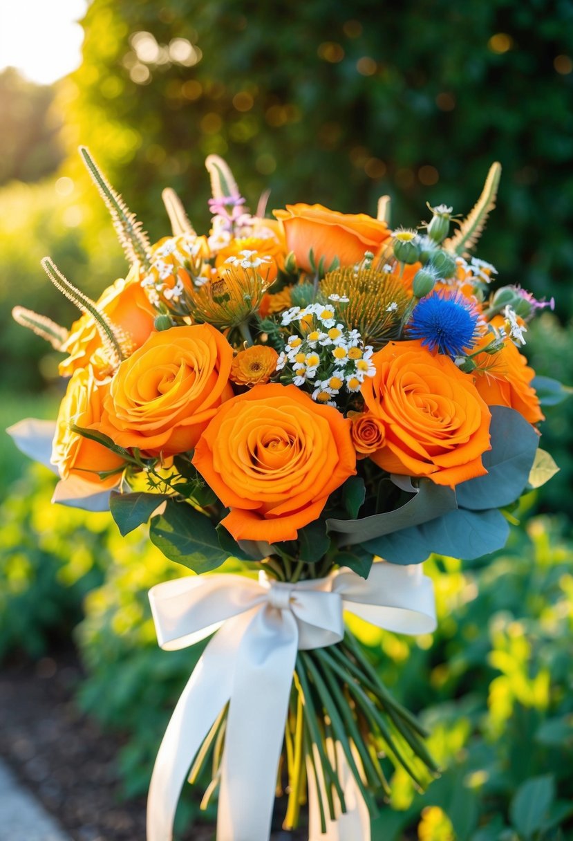 A vibrant bouquet of orange roses and wildflowers, tied with flowing ribbons, set against a backdrop of lush greenery and warm sunlight