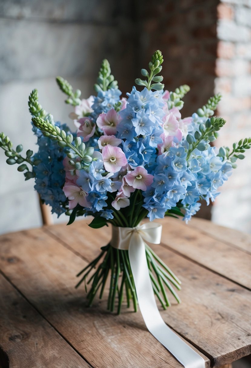 A delicate bouquet of light blue delphinium and pink stock, tied with a satin ribbon, sits on a rustic wooden table