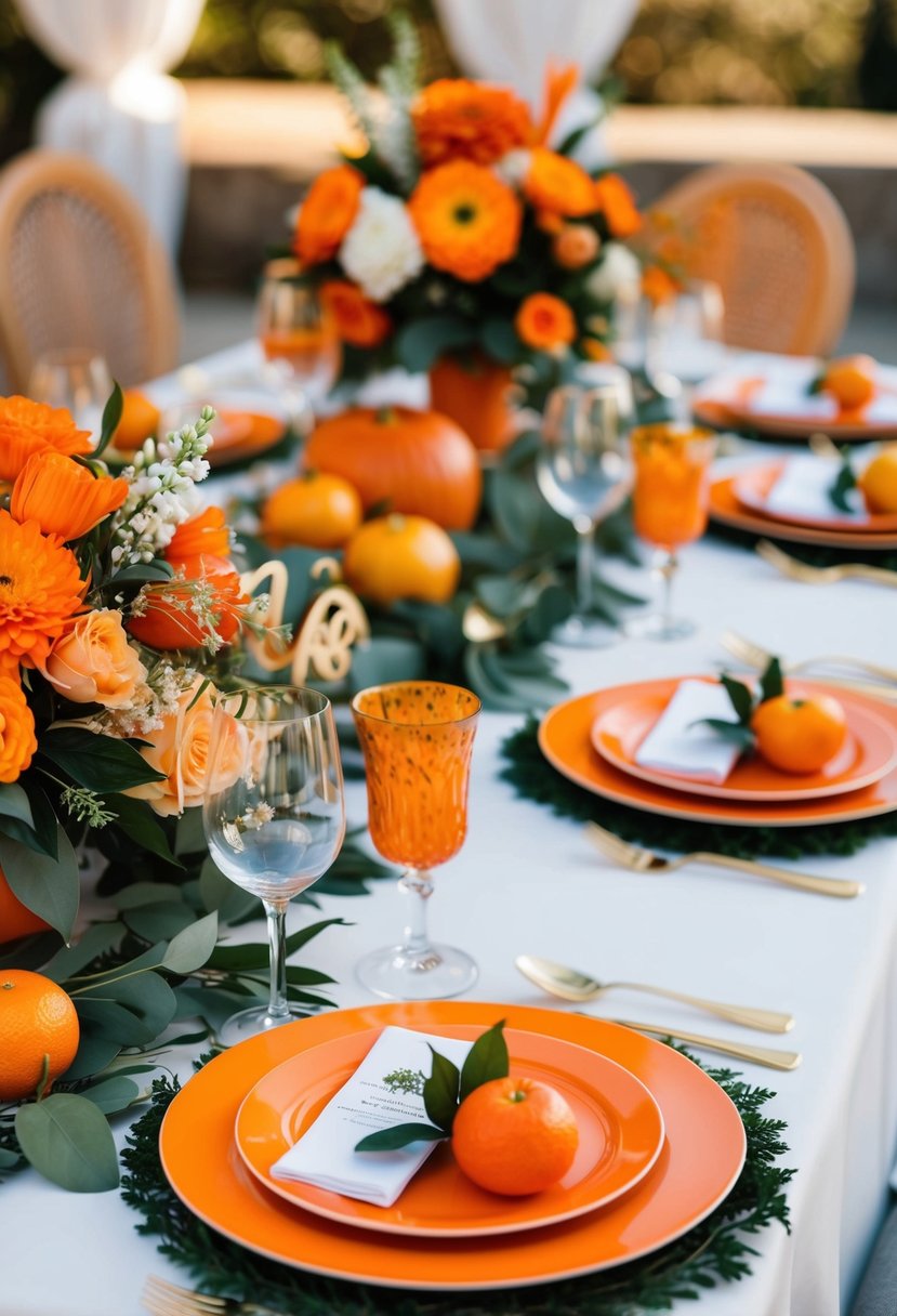 An orange-themed wedding table with floral centerpieces, citrus accents, and elegant tableware