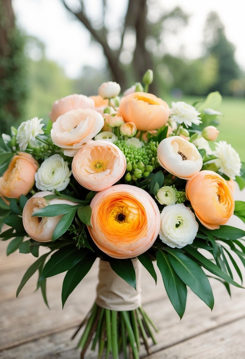 A lush wedding bouquet featuring peach ranunculus and tweedia blooms