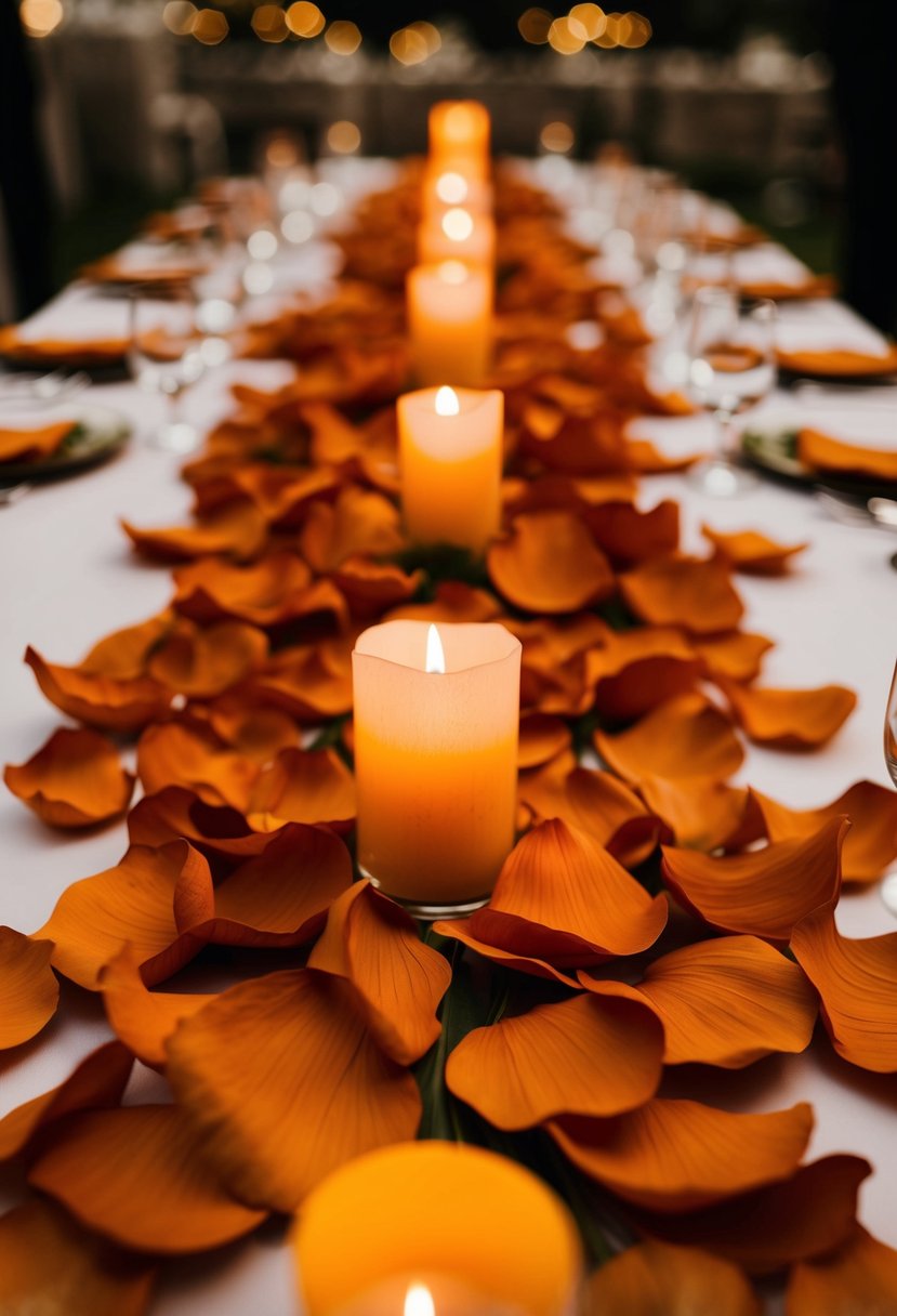 A table adorned with burnt orange silk petals, creating a warm and elegant wedding decoration