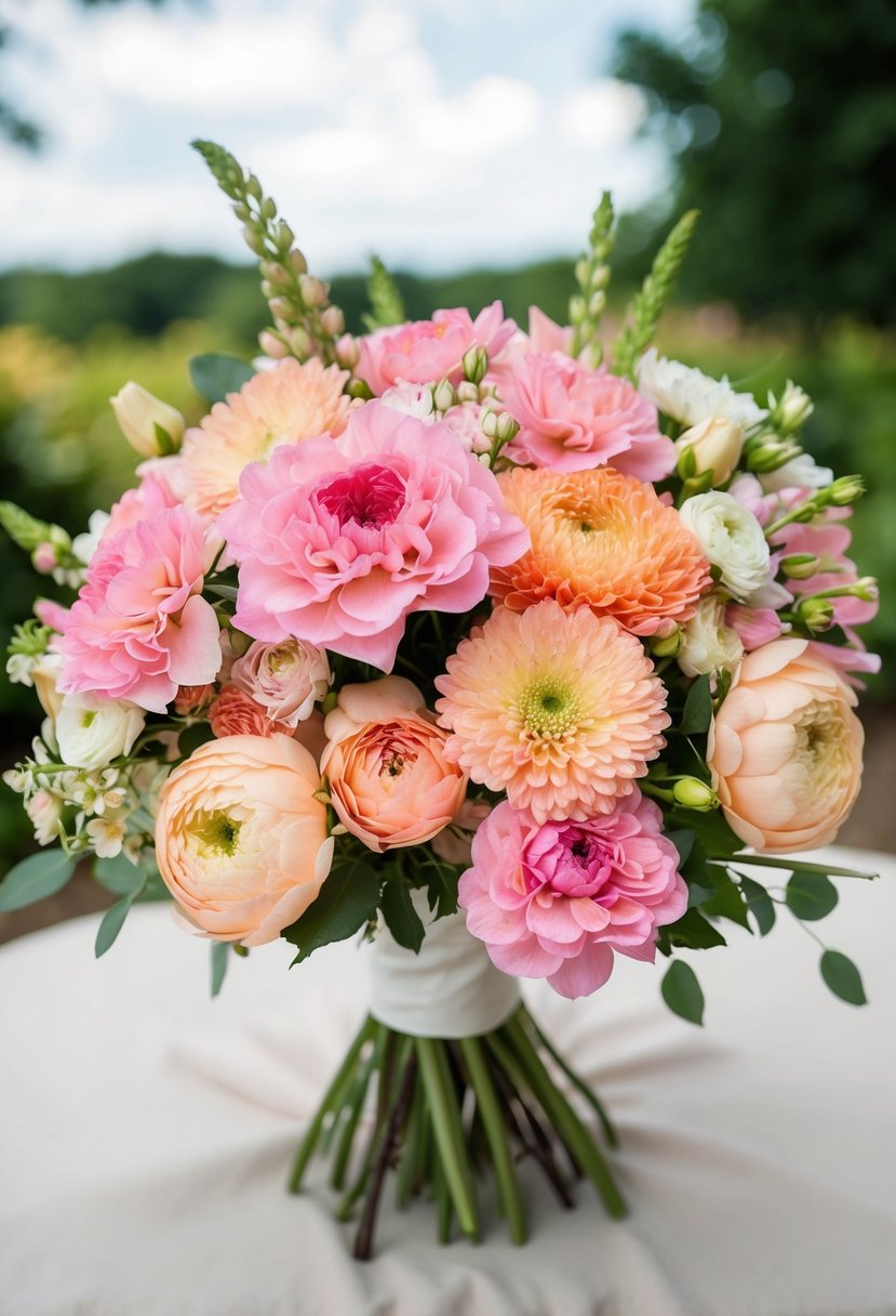 A delicate bouquet of pink Lisianthus and peach Lynette Mum flowers arranged in a July brides wedding bouquet