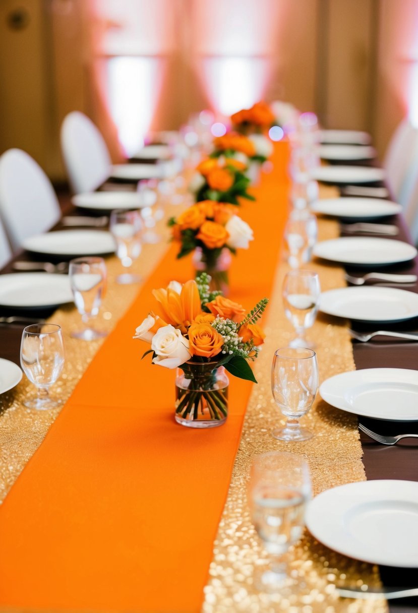 Orange and gold table runners adorn a wedding reception table, adding a vibrant and elegant touch to the decor