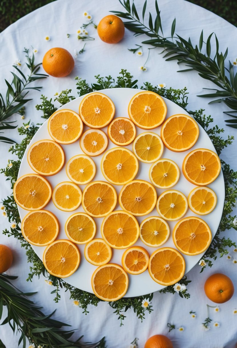 Vibrant orange citrus slices arranged in a circular pattern on a white tablecloth, surrounded by scattered greenery and small white flowers