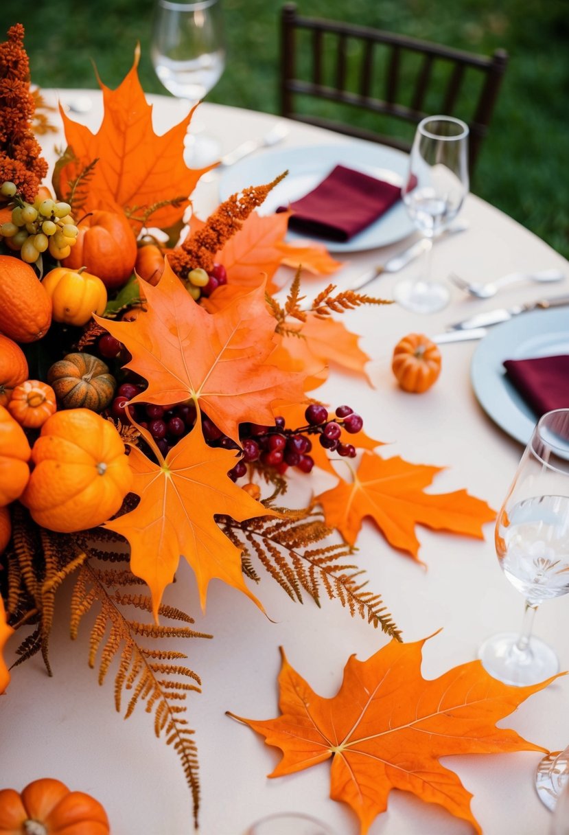 Vibrant orange leaves arranged in a centerpiece on a fall wedding table