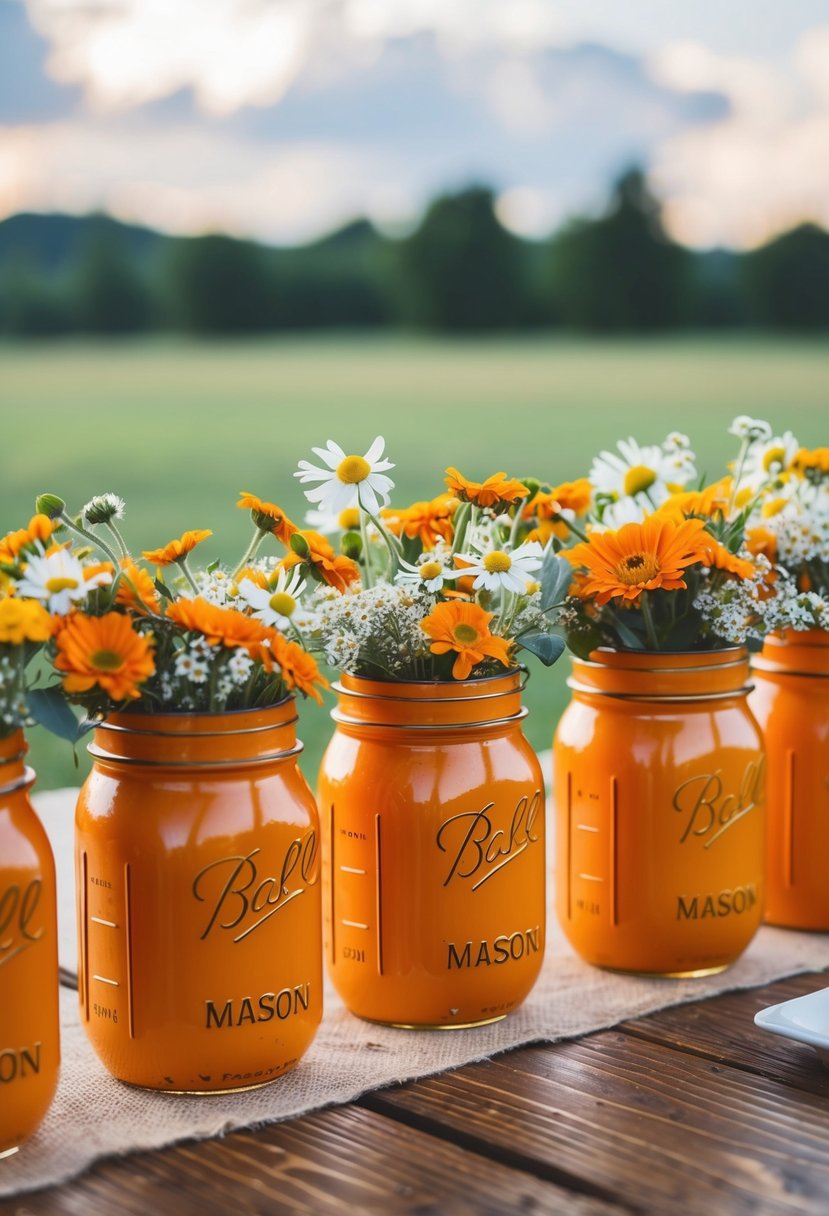 Rustic orange mason jars filled with wildflowers and placed on a wooden table for a wedding decoration