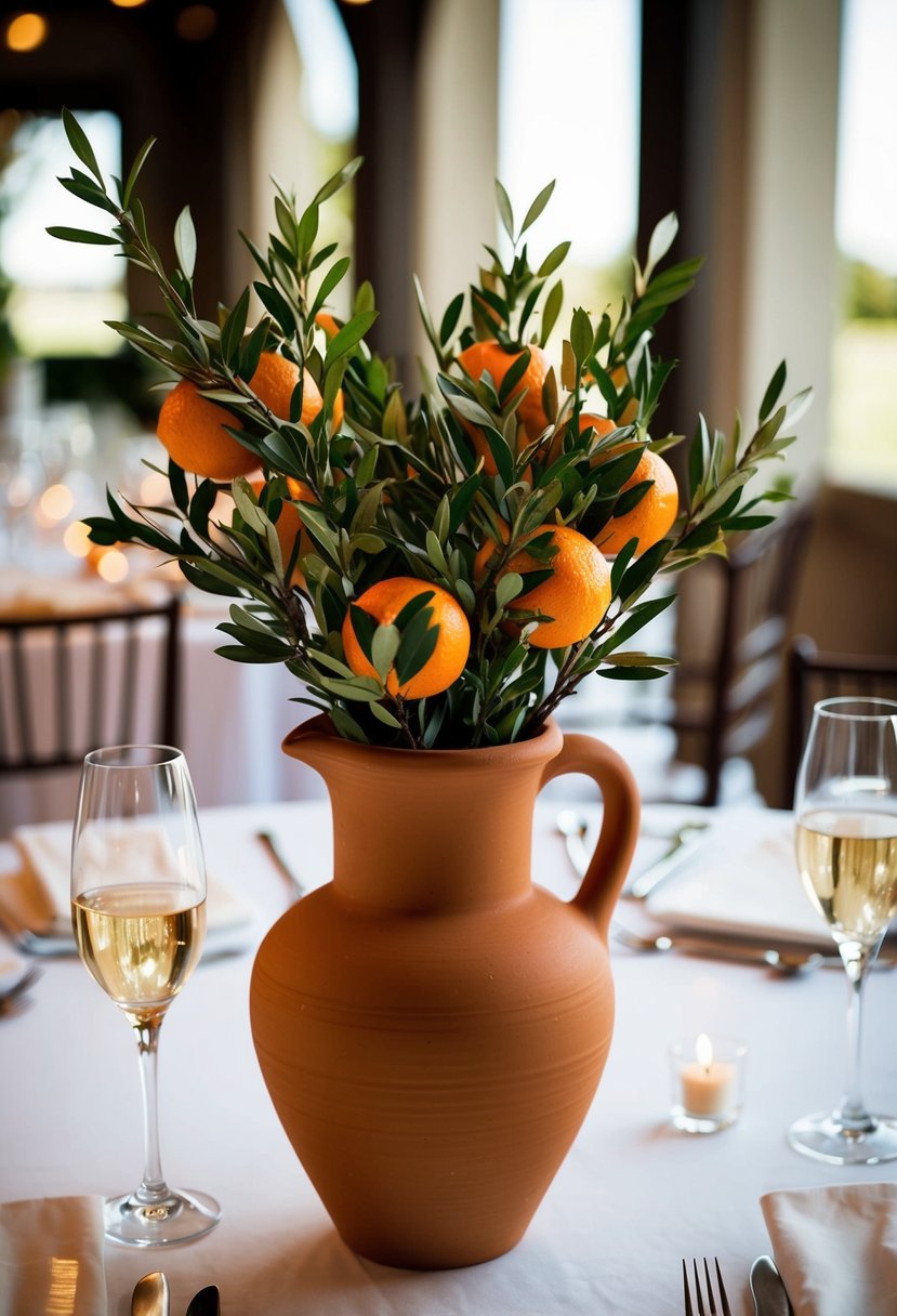 A terracotta vase filled with orange branches sits as a centerpiece on a wedding table