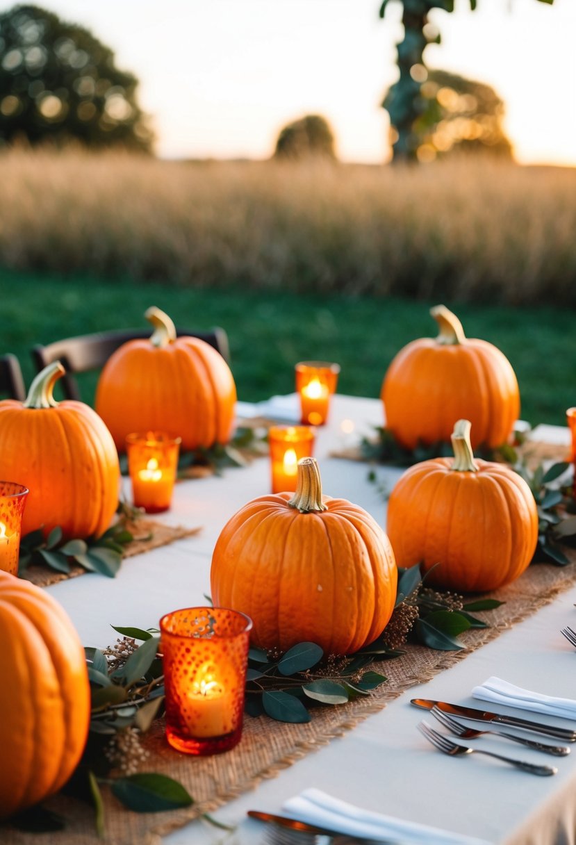 A rustic wedding table adorned with pumpkin candle holders in vibrant orange hues