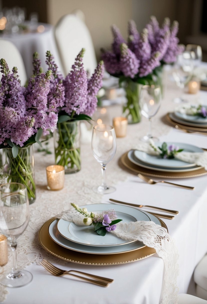 A beautifully set table with lilac-colored floral centerpieces, delicate lace table runners, and elegant place settings