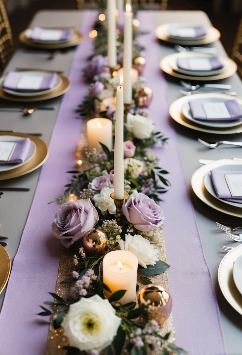 A lilac and lavender table runner with gold accents, adorned with delicate flowers and candles, creating a romantic and elegant wedding table decoration