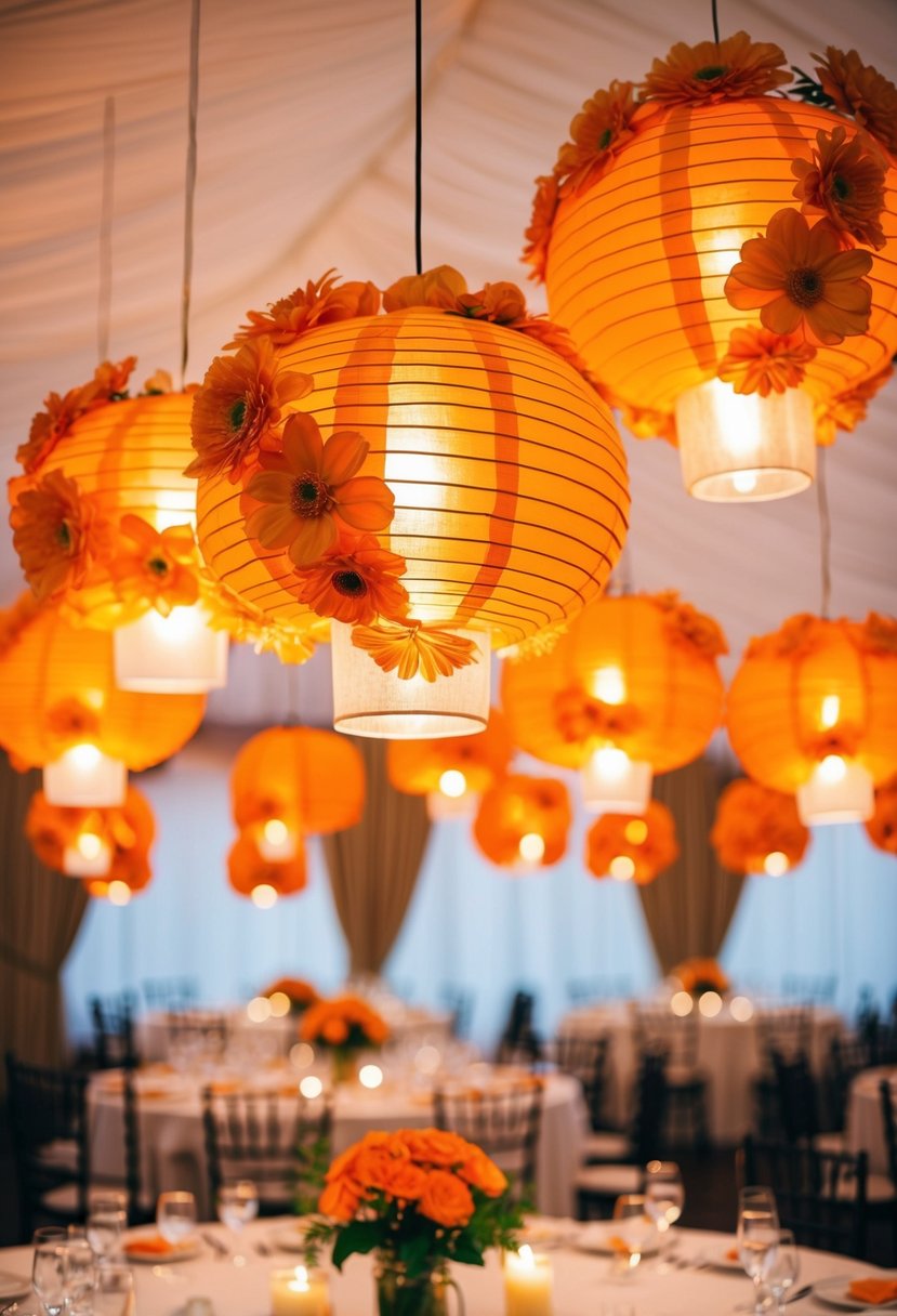 Orange floral lanterns hang above a wedding table, casting a warm glow on the elegant decor