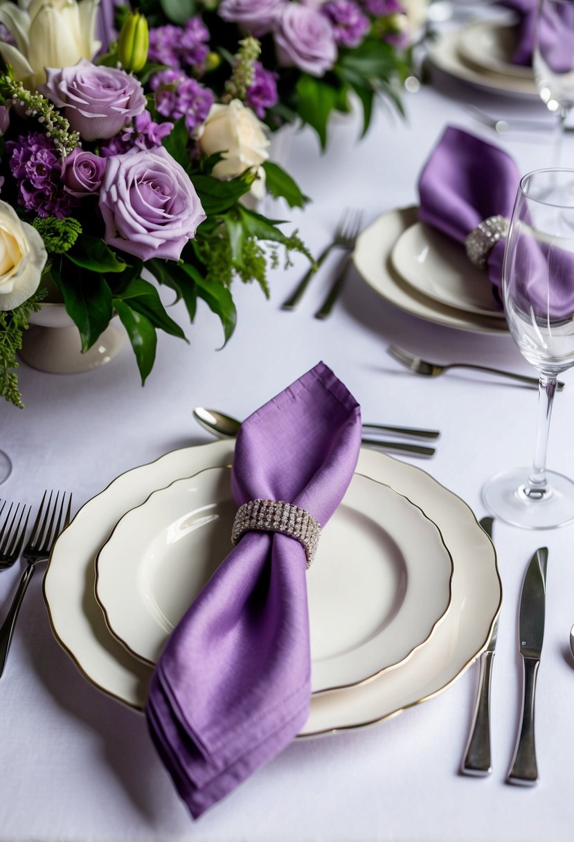 White porcelain plates with lilac napkins arranged on a table with matching lilac wedding decorations