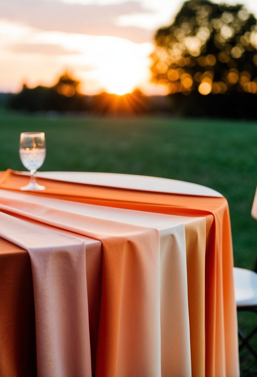 An ombre tablecloth in shades of orange, fading from a deep burnt hue to a soft peach, is spread across a table as the sun sets in the background, casting a warm glow over the scene