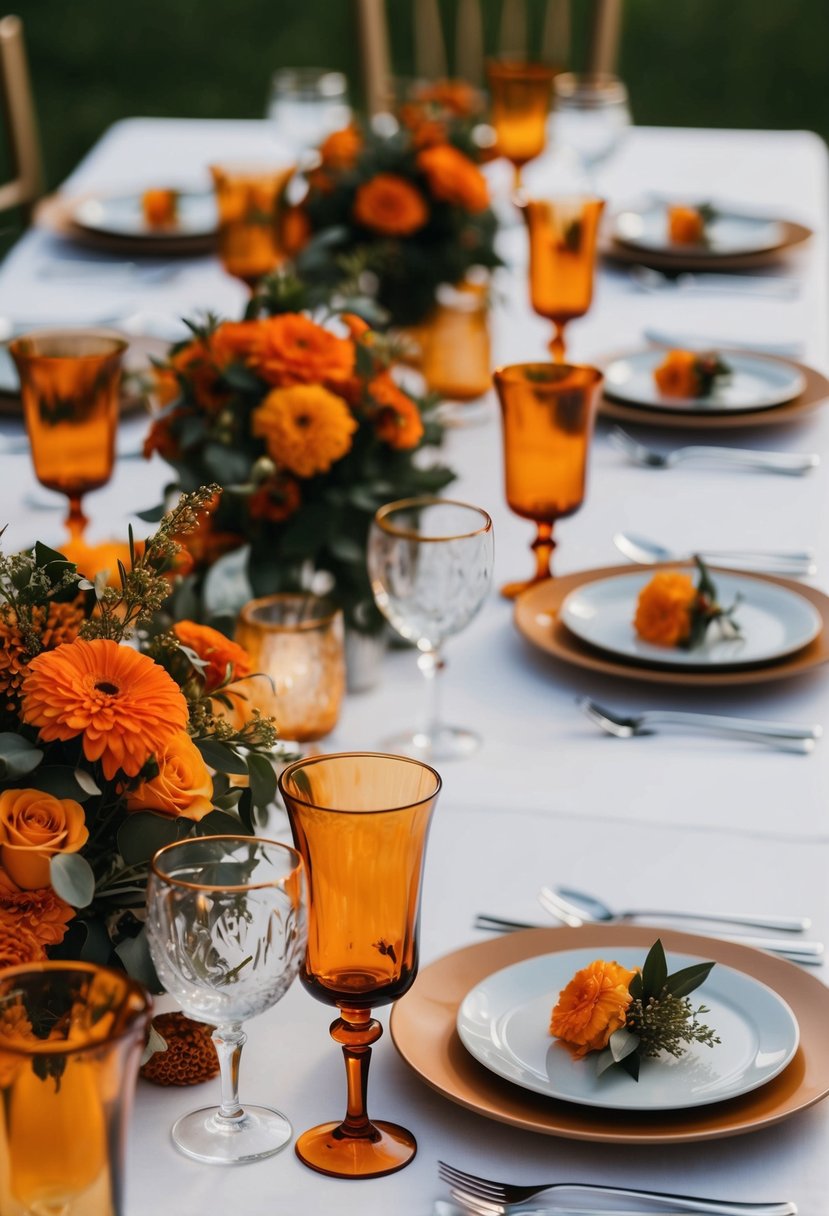 A table set with amber glassware and orange floral arrangements for a wedding