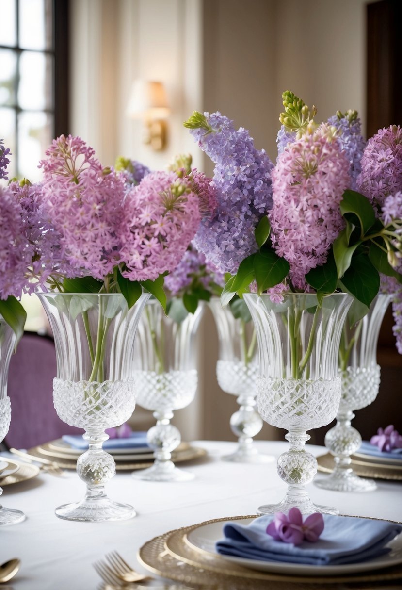 A table adorned with crystal vases filled with lilac and lavender blooms