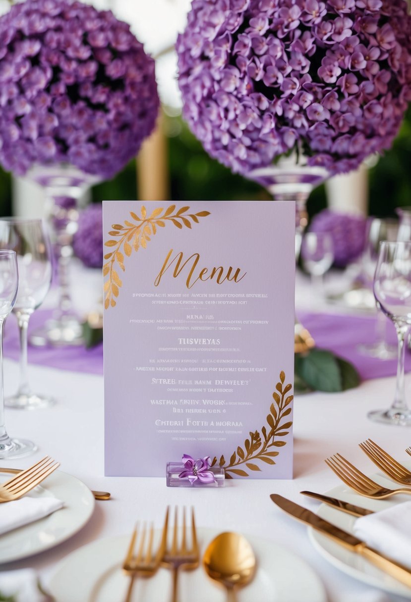 Lilac-themed menu cards arranged with gold calligraphy, surrounded by elegant lilac wedding table decorations