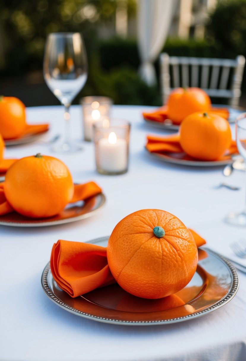 Bright orange mandarin napkin rings arranged on a wedding table