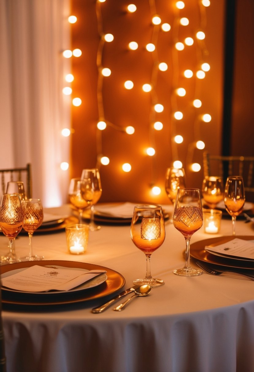 Tangerine twinkle lights adorn a wedding table, casting a warm orange glow