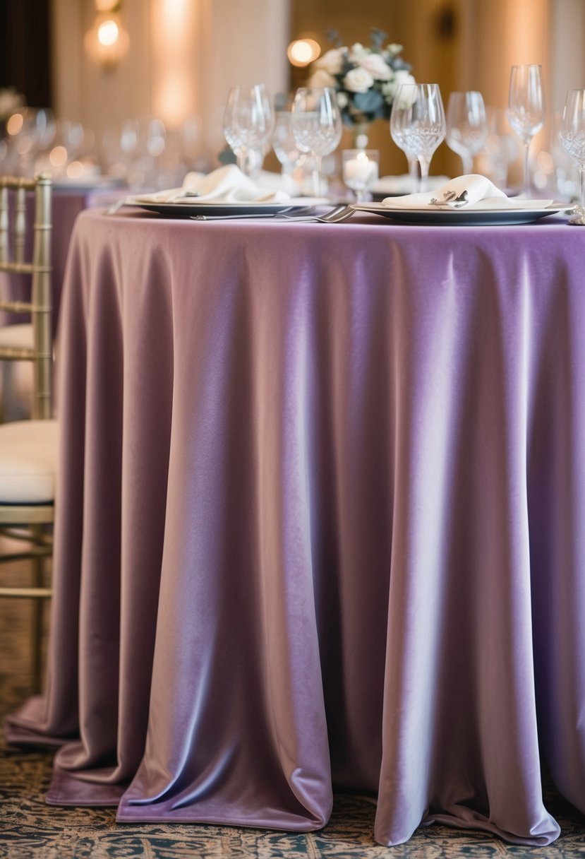 A rich lilac velvet tablecloth drapes elegantly over a table, creating a luxurious and opulent wedding setting