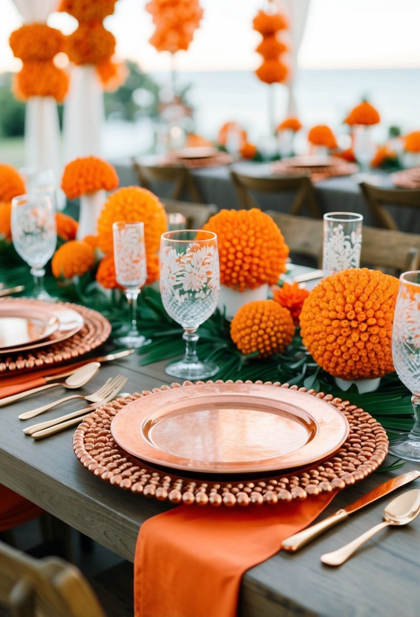 A table set with coral and copper chargers, adorned with vibrant orange wedding decorations