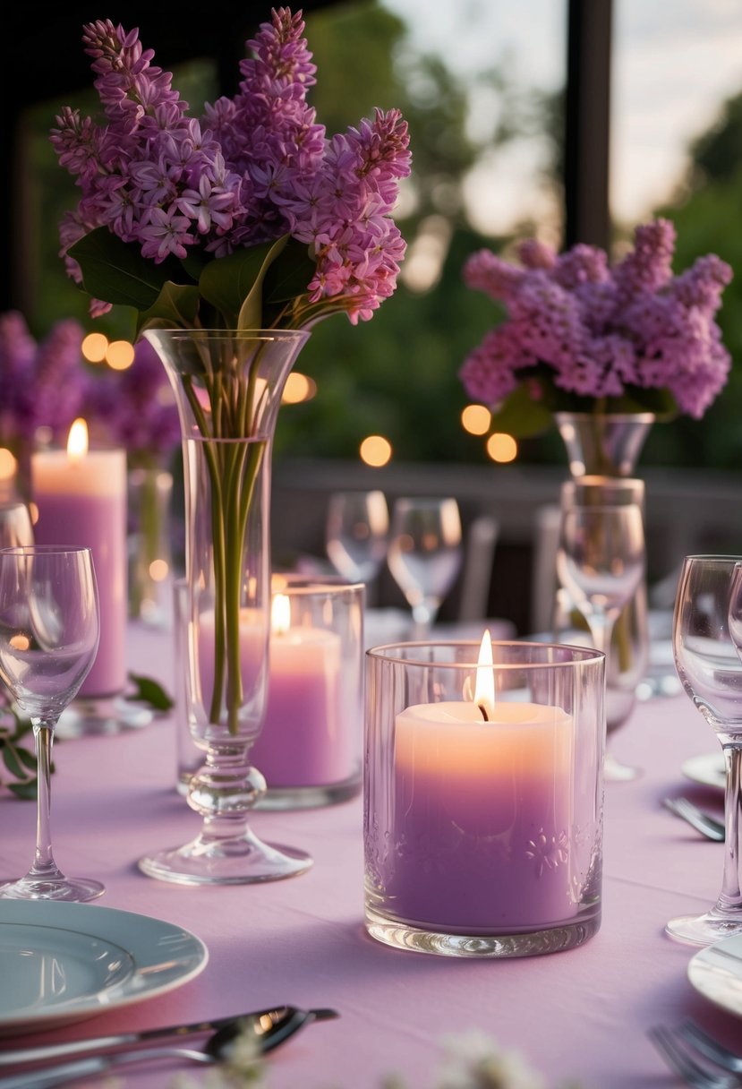 Lilac-scented candles in glass holders illuminate a wedding table adorned with delicate lilac decorations