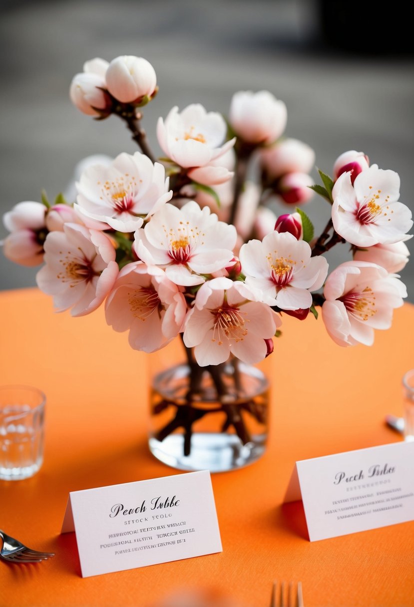 Peach blossoms arranged on orange table with place cards