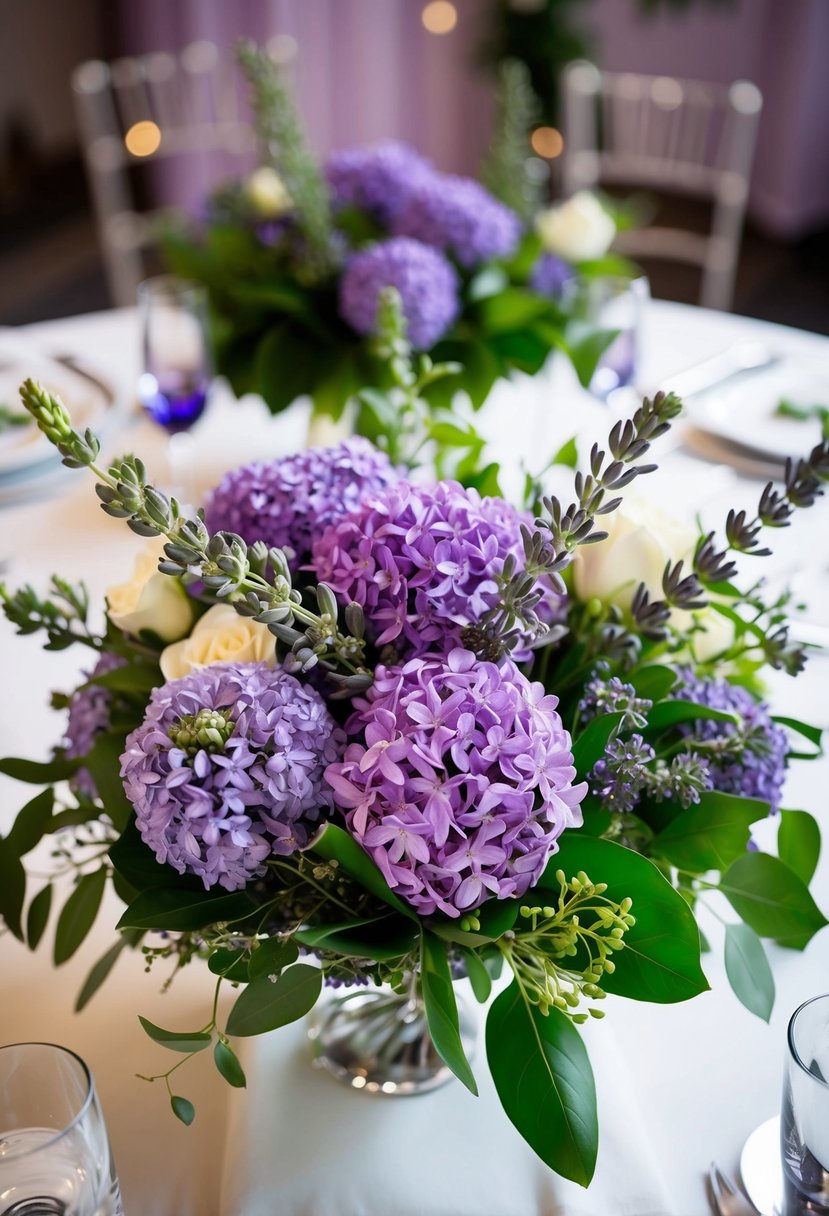 A lavender and lilac centerpiece with greenery adorns a wedding table