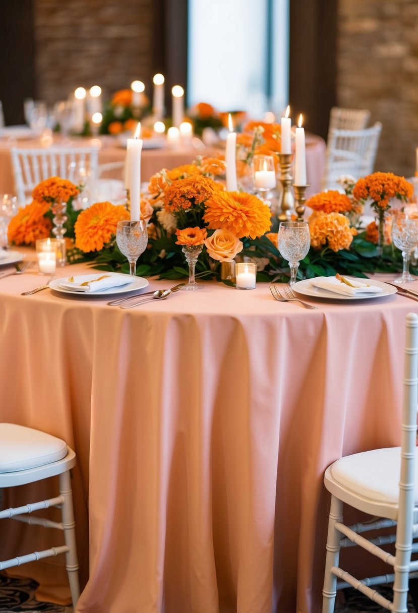 An elegant apricot linen table cover drapes over a table, adorned with vibrant orange flowers and candles, creating a beautiful wedding centerpiece