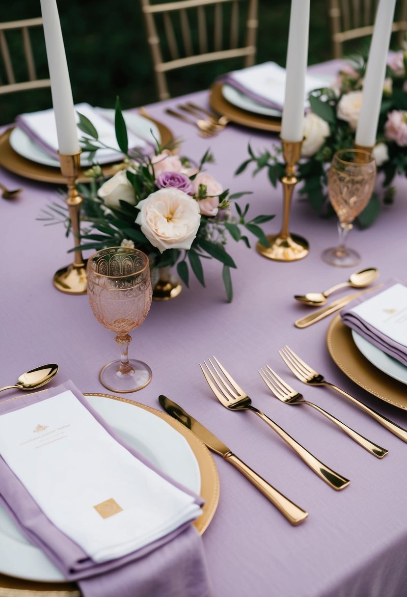 Gold flatware arranged on lilac tablecloth with matching napkins and floral centerpieces