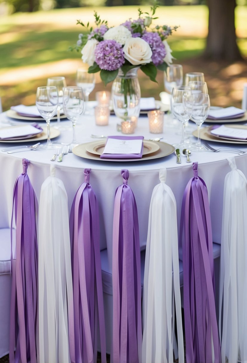 A table adorned with lilac and white tassel garlands, creating a romantic and elegant wedding centerpiece