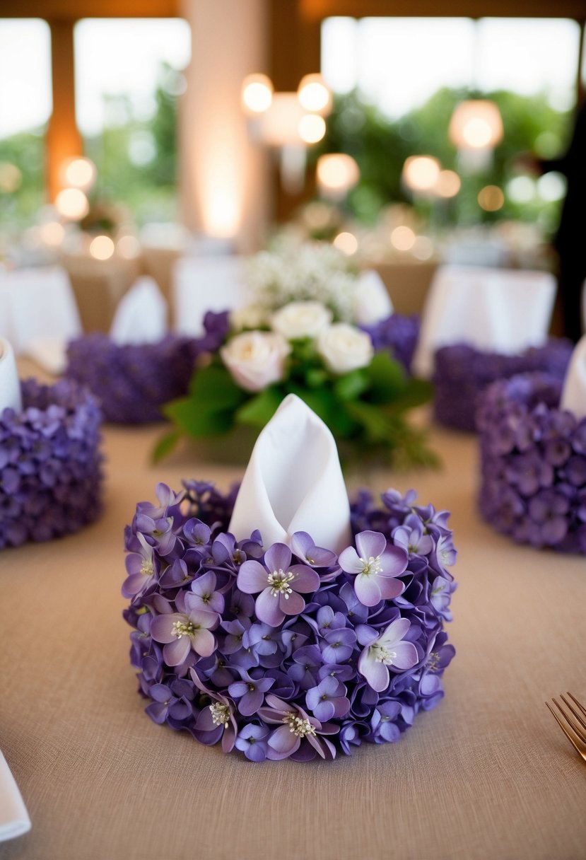 Lilac floral napkin rings arranged elegantly on a wedding reception table