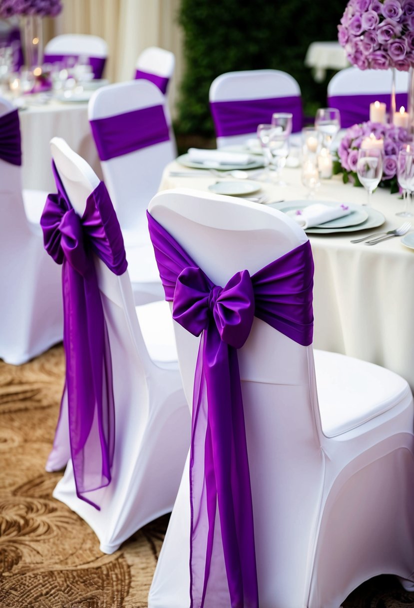 Lilac chair covers with white sashes draped over chairs at a wedding reception table adorned with lilac decorations