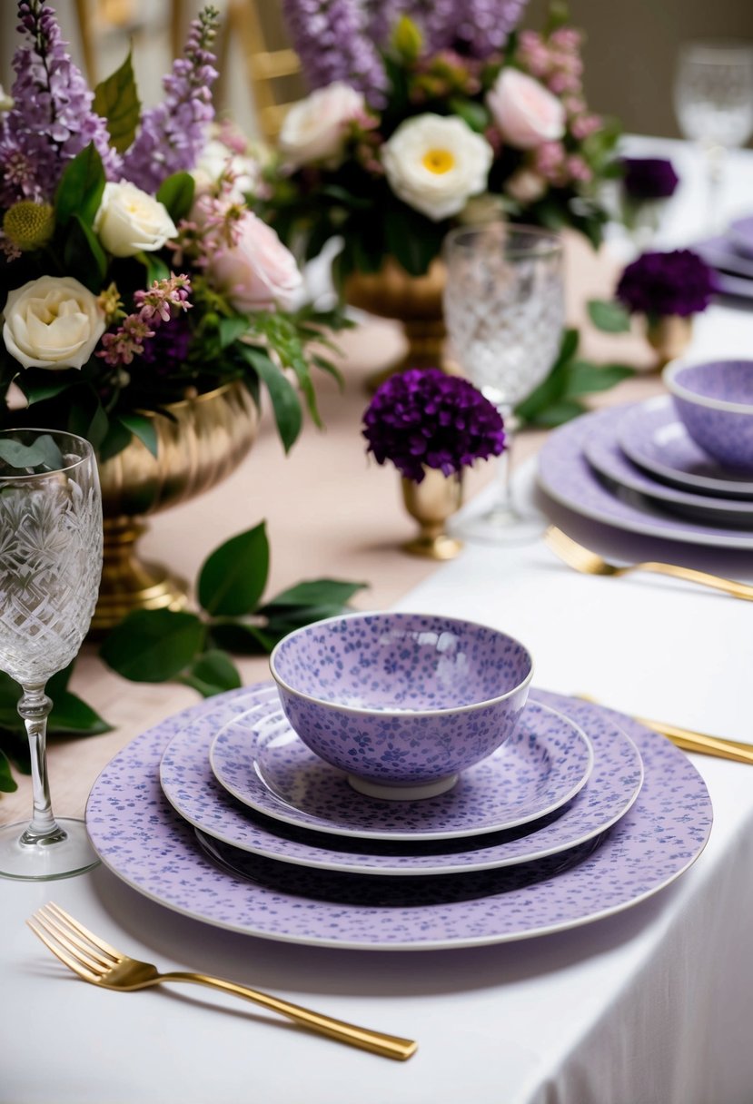 Lilac-patterned tableware arranged on a table with matching floral centerpieces and decorative accents